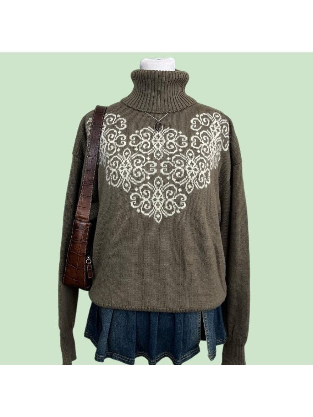 vintage 80s brown quirky whimsical cottagecore turtleneck wool blend sweater